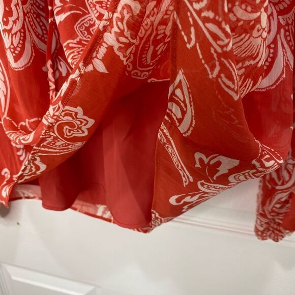 Evereve orange and white floral print long sleeve tie front top, size x small - Picture 4 of 12